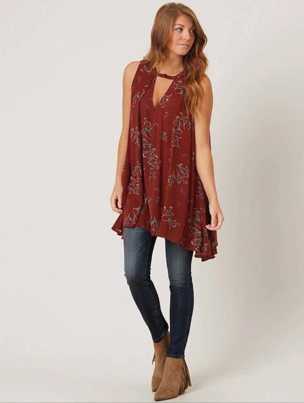 Free People Tree Swing Tank Top Crimson Sleeveless Keyhole Womens Medium - Picture 3 of 10